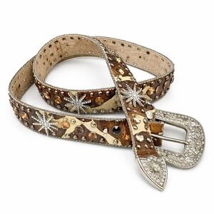 Blazin Roxx Belt Western Rhinestone Studded Leather Large Cowgirl Brown Tan READ